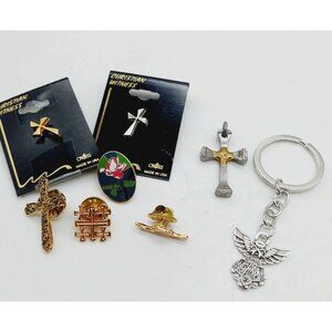 Religious Pins Lot Cross Rose Flower Footprints Angel Keychain Lot Of 8